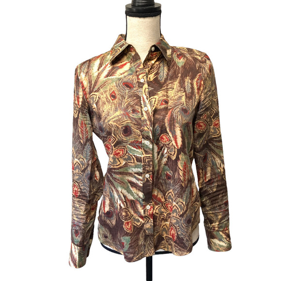 Lauren Ralph Lauren Brown Multi Cotton Sateen Feather Print Shirt - Picture 1 of 7